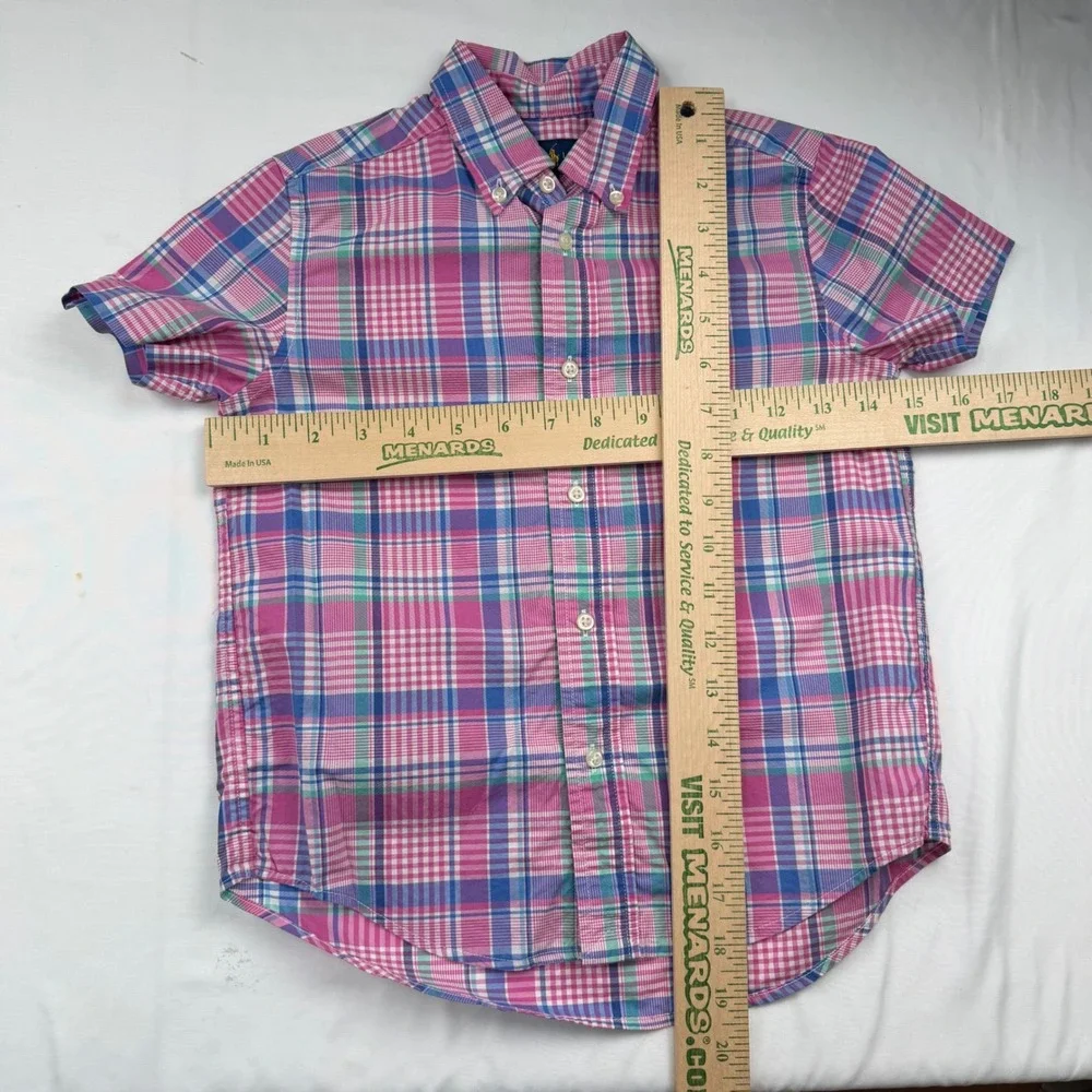 Ralph Lauren Boys Pink Blue Plaid Short Sleeve Button Down Shirt Size 5 Preppy